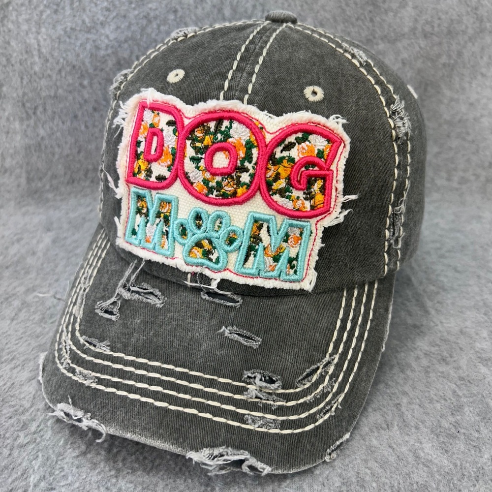 Dog Mom Floral Patch Womens Gray 4350 District Baseball Hat Distressed OSFM